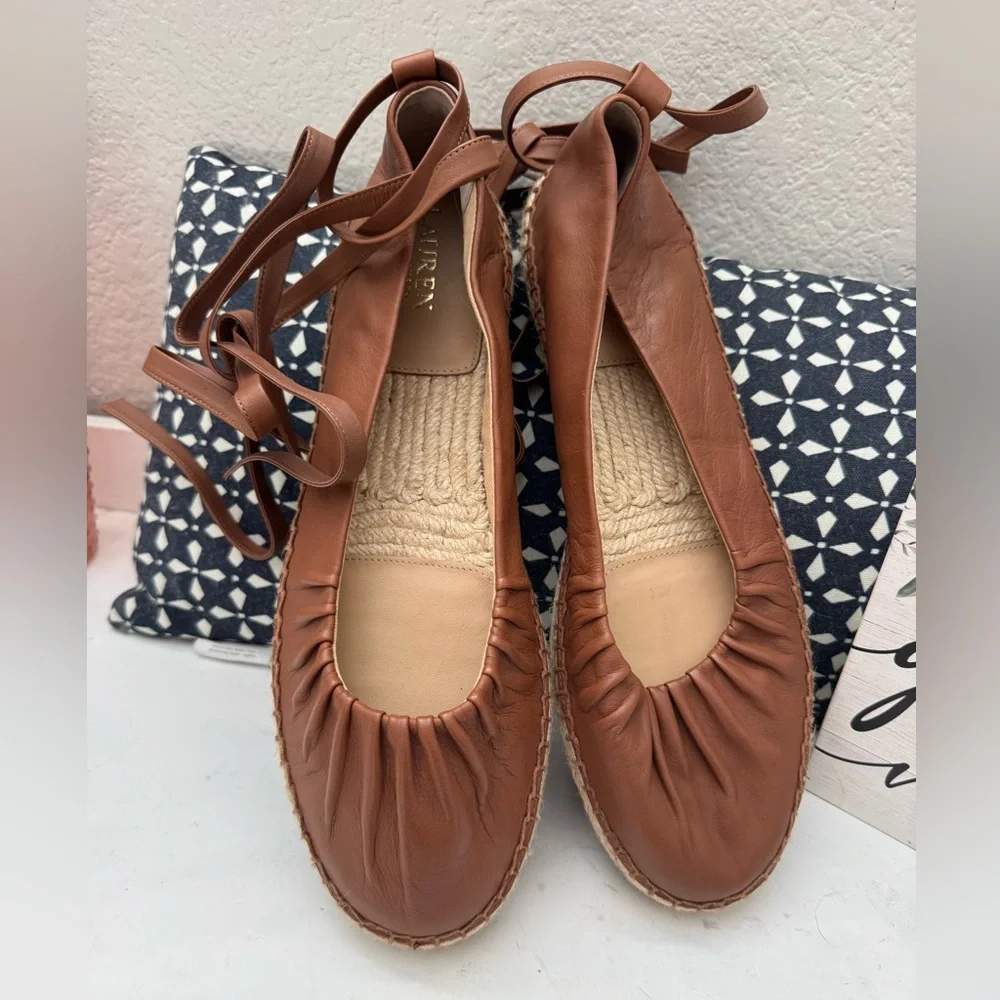 Size 11 leather lace up espadrilles Lauren COGNAC - Picture 1 of 8